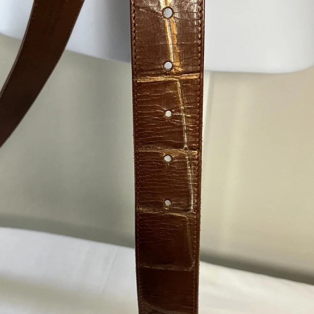 Vtg Linea Pelle Belt Croc Embossed Leather Brown/Gold Tone‎ Buckle Italy M Boho